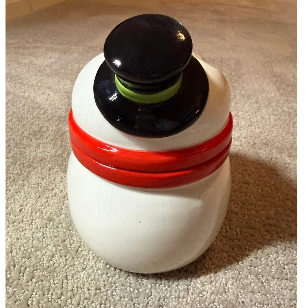 Snowman Ceramic Cookie‎ Jar Red Scarf Black Hat
